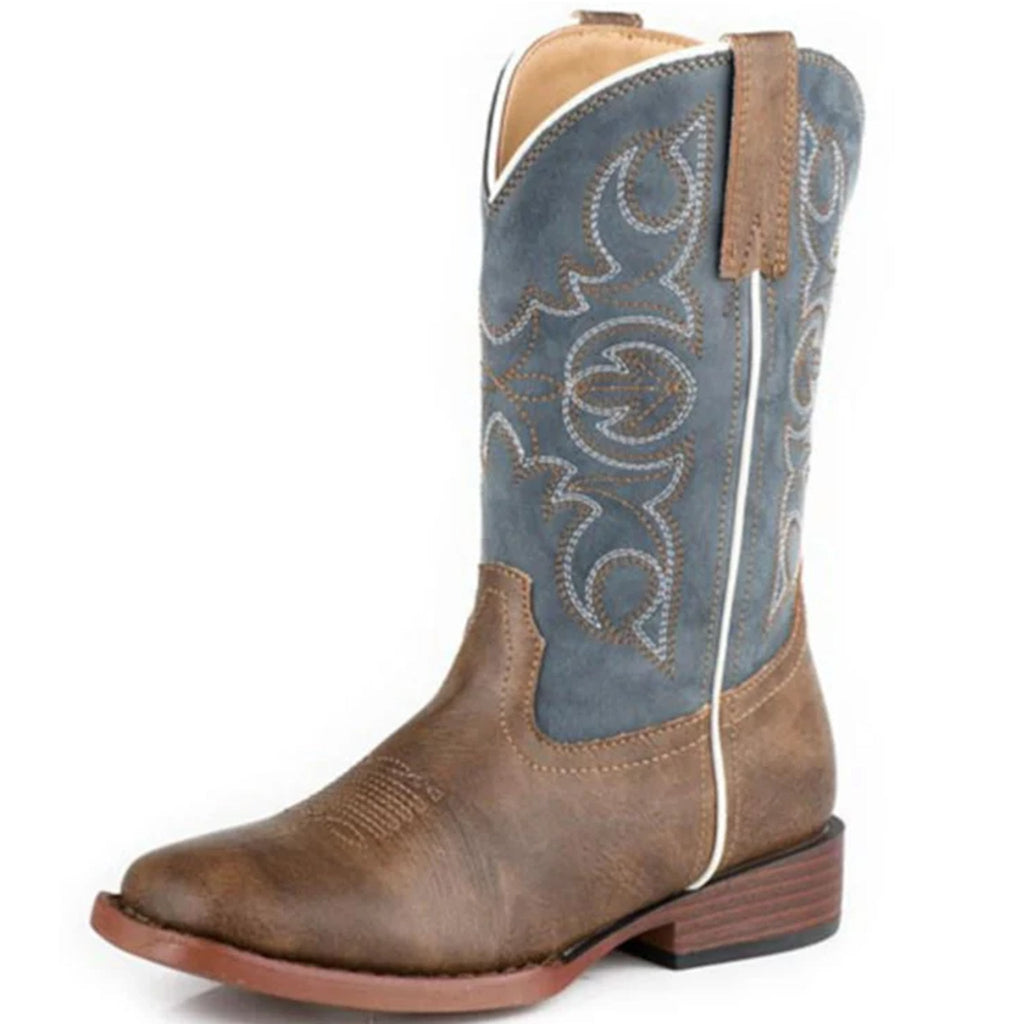 Front and side view of men's tan and blue boots. 
