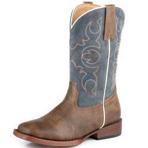 Front and side view of men's tan and blue boots. 