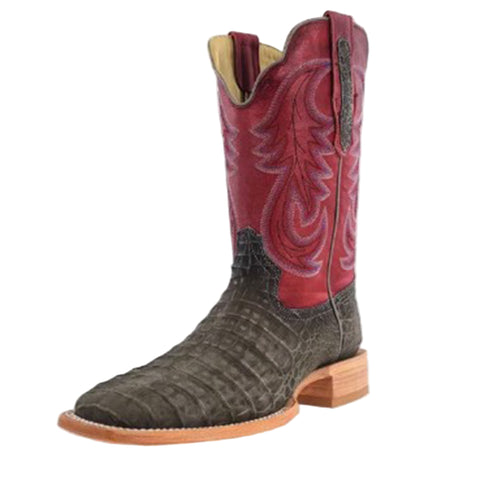 Nubuck caiman square toe western boots with exotic leather design