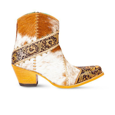 Myra Bags Women's Tan and White Hair-on Hide Tooled Boots