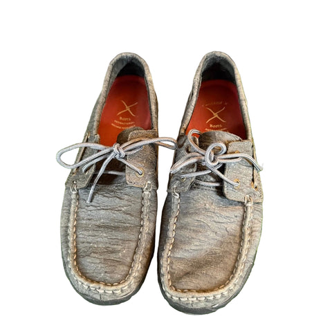 Top side view of Charcoal Grey Moccasins. 
