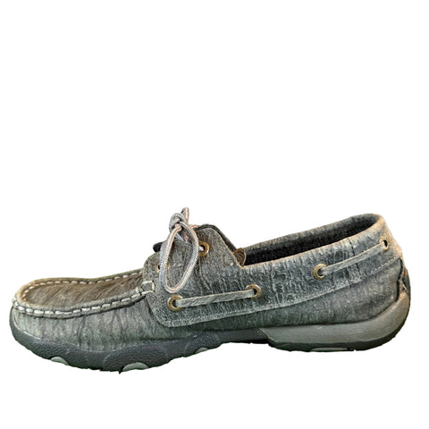 Side view of single Charcoal Grey Moccasin. 