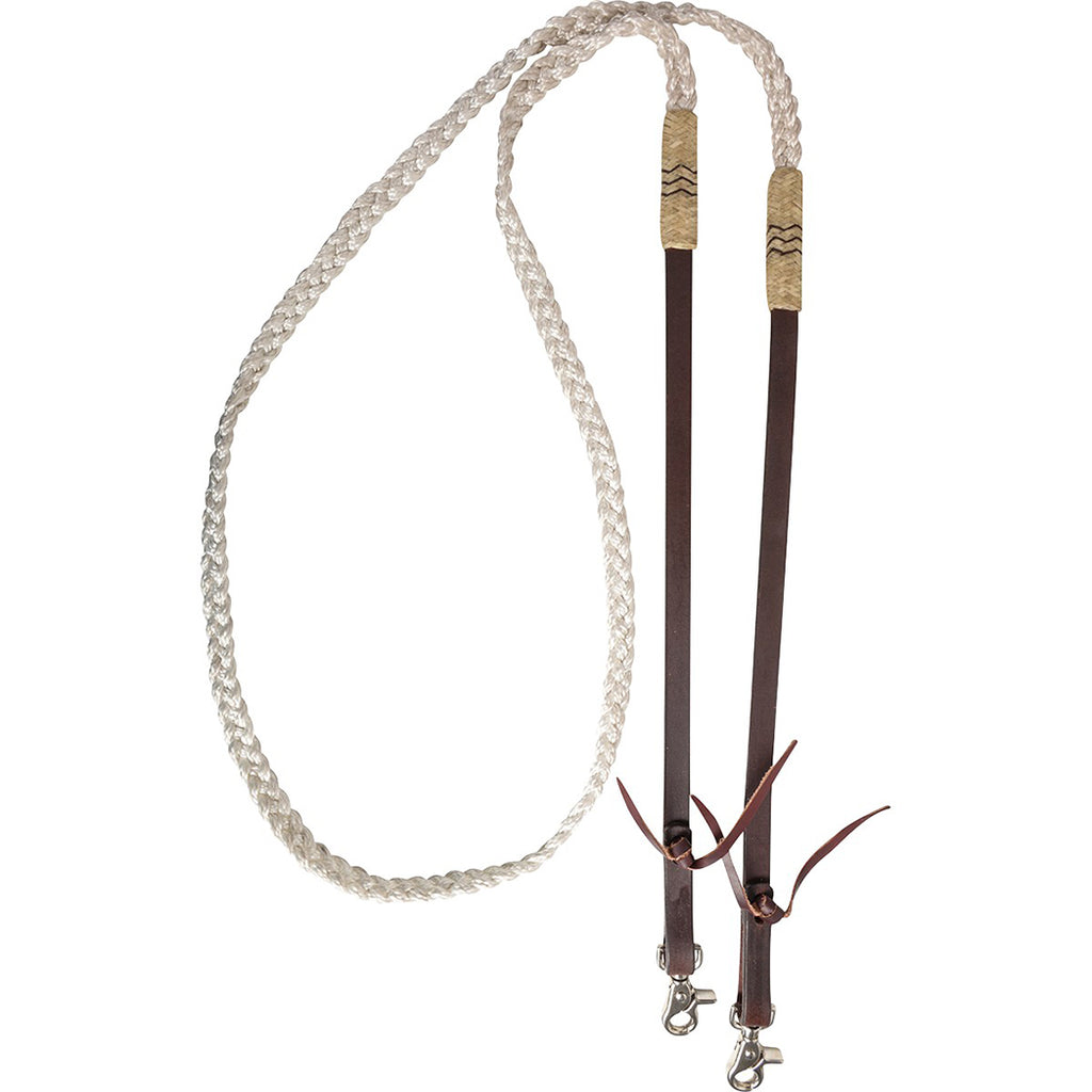 White flat braided rein with rawhide and leather accents.