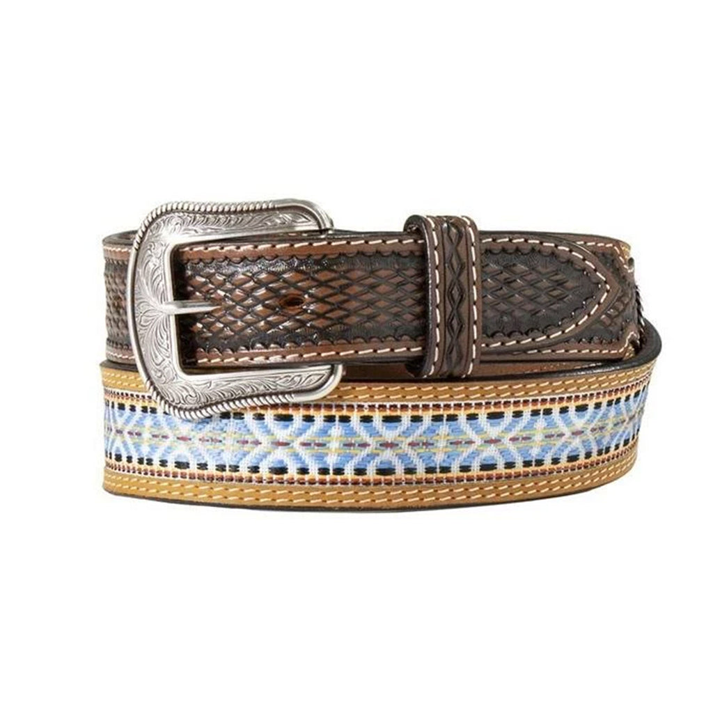 Coiled up view with buckle of the 3D Men's Hand Tooled Sunburst Diamond Brown Belt