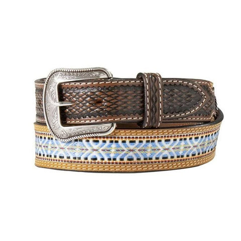 Coiled up view with buckle of the 3D Men's Hand Tooled Sunburst Diamond Brown Belt