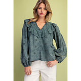 Model wearing a moss‑green eyelet cotton woven blouse with delicate cutout detailing, soft texture, and relaxed feminine fit styled with casual Western‑inspired pieces.
