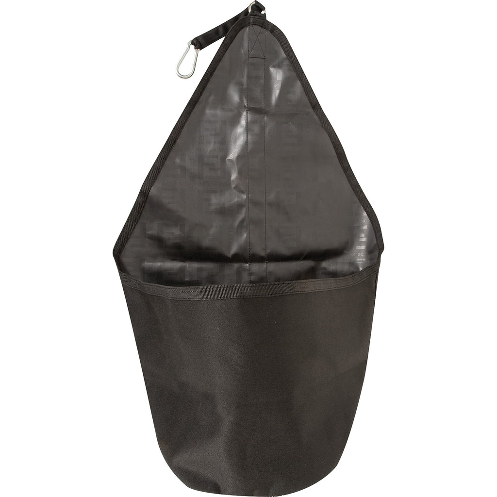Front side view of black bucket bag. 