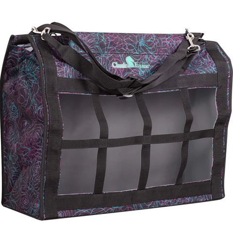 Classic Equine Topload Hay Bag. Black with purple,pink, and turquoise flourish design. Turquoise Classic Equine Logo.