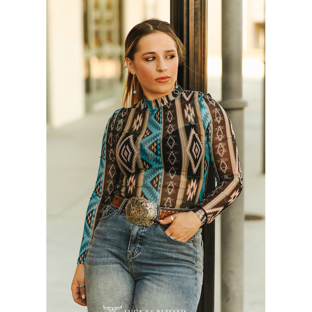 blue & black tribal print mesh blouse