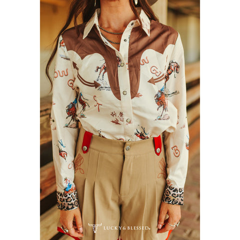 Cream Western Printed Leopard Cuff Sleeve Button Down Western Yoke Shirt