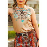 Beige Color Tank with Blue and Brown Aztec Patterns on the chest