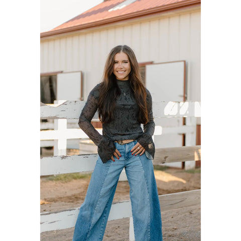 Women's Black Tooled Bell Sleeve Mesh Long Sleeve