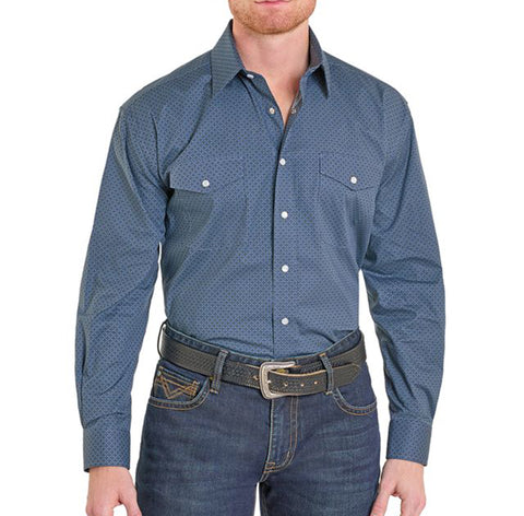 Dark blue men's long sleeve pearl snap shirt with two front snap pockets.