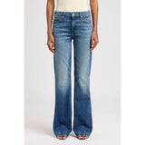 Model wearing the 7 For All Mankind Blue Core Bronze Dojo Jean showing the relaxed fit, rich blue‑bronze wash, and signature wide‑leg silhouette.