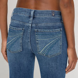 Close up view of the jean back pockets.