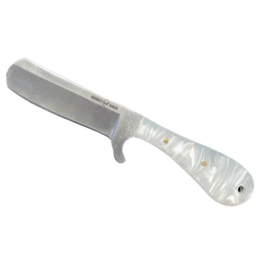 Bull cutter knife with a pearl snap acrylic handle.