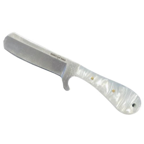Bull cutter knife with a pearl snap acrylic handle.