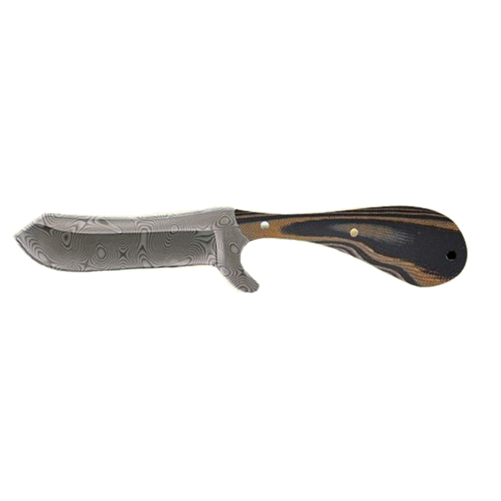 Damascus knife with black and brown handle on a white background.
