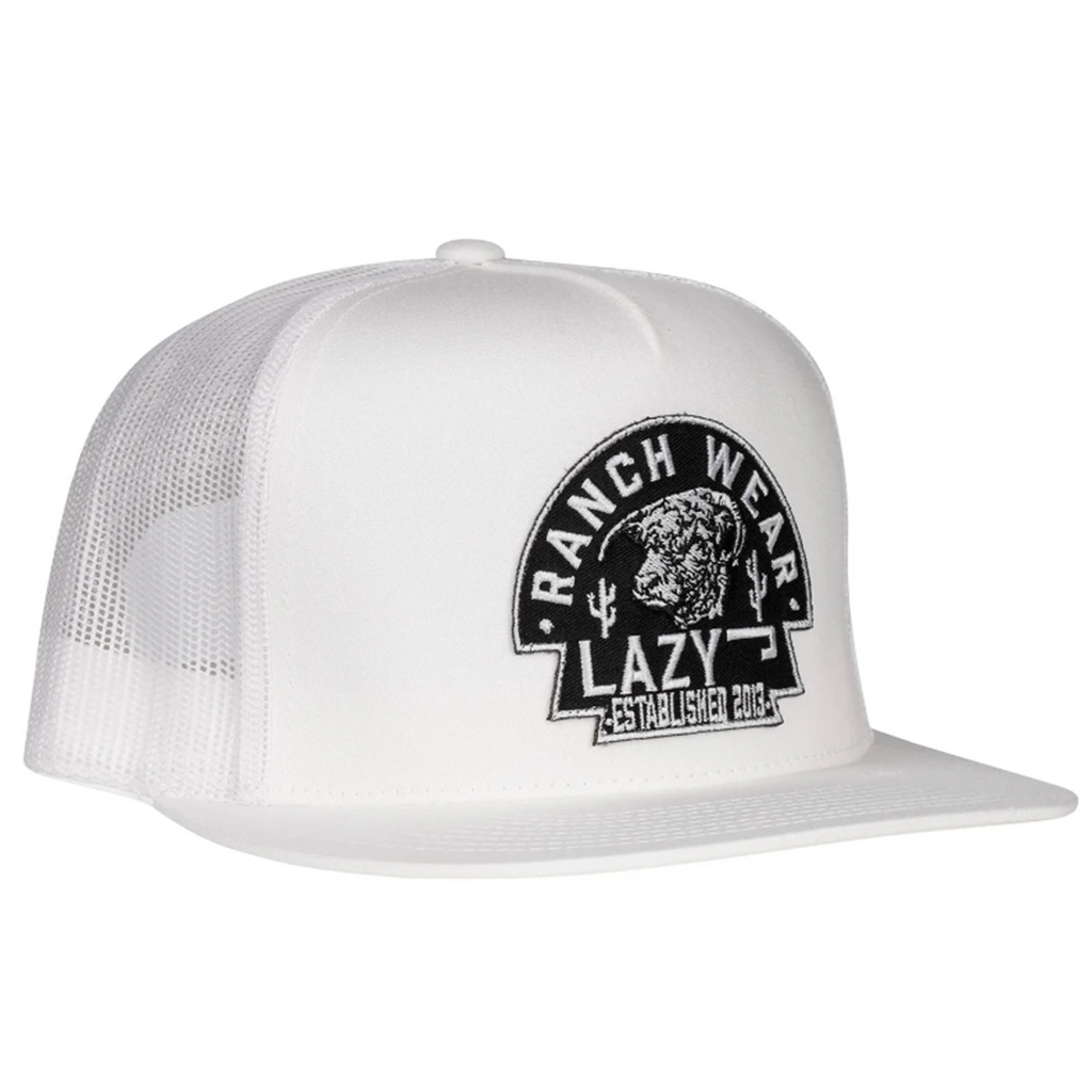 White five panel trucker hat with black lazy j ranch arrowhead patch.