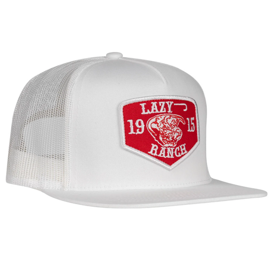 white five panel trucker hat with lazy j ranch red patch.