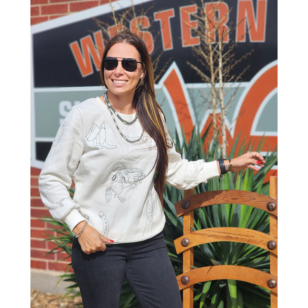 crew neck, long leave sweater, western print, white