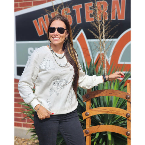 crew neck, long leave sweater, western print, white