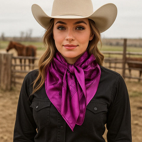 Model wearing a Purple Jacquard Wild Rag tied at the neck, showing the rich woven pattern.