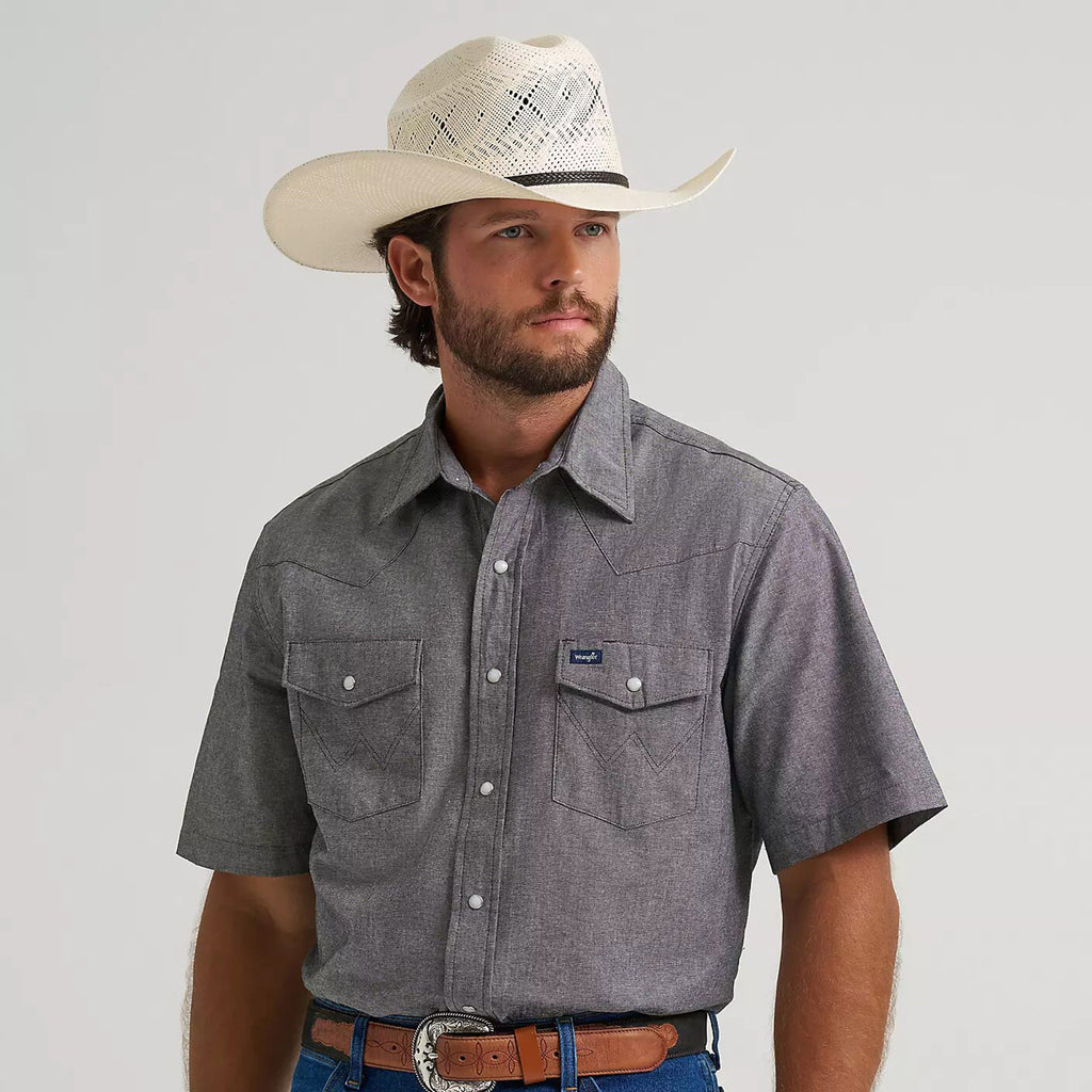 Front side view of Wrangler Men's Gray Chambray Short Sleeve Snap Shirt 