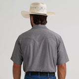 Back side view of Wrangler Men's Gray Chambray Short Sleeve Snap Shirt 