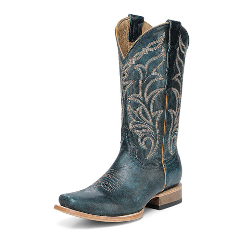 Side view of single boot. Boot is all over dark blue with tan stitching. 