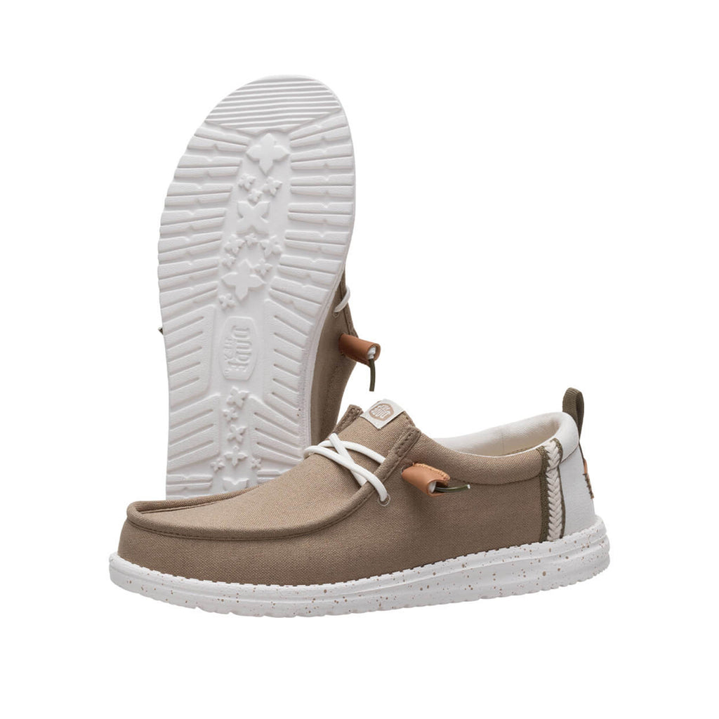 Pair of Hey Dude Wally Craft Linen shoes in Timber/Silver Birch on a white background with one showing the sole.