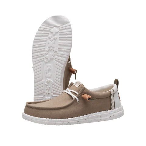 Pair of Hey Dude Wally Craft Linen shoes in Timber/Silver Birch on a white background with one showing the sole.