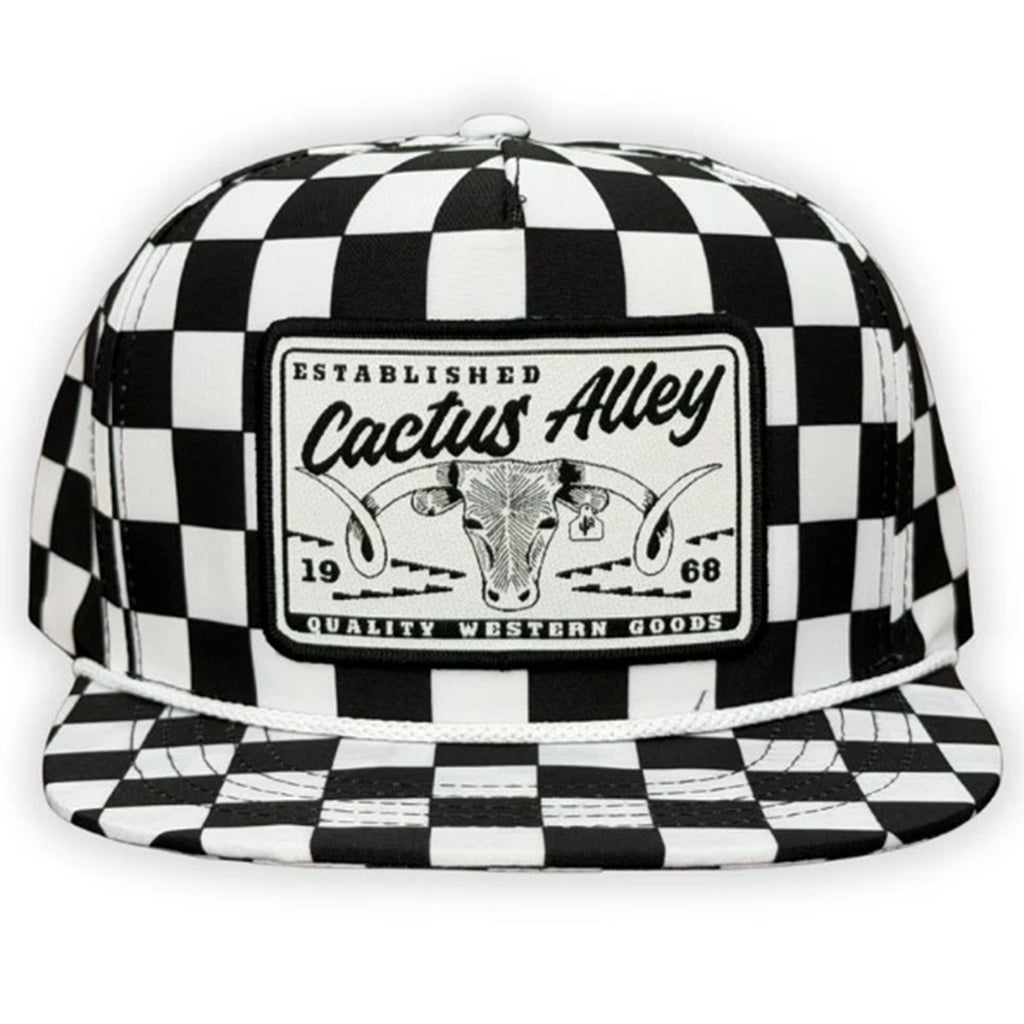 Black and White Checkered youth Cap with Cactus Alley Patch on White Background