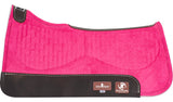 Pink saddle pad with dark brown leather wears on a white background.