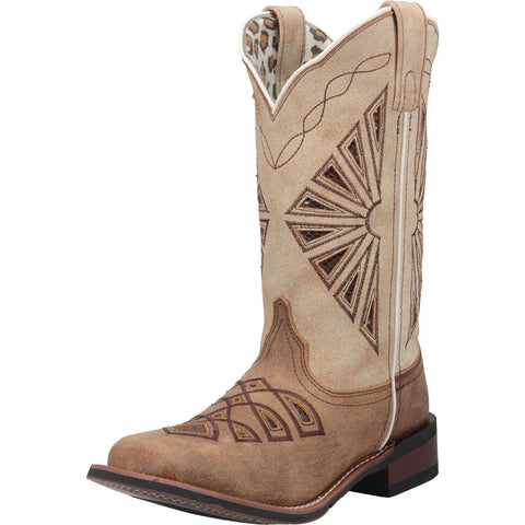 Women's Brown and White Square Toe Boot