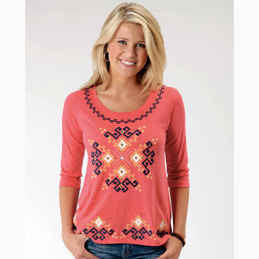 Karman Women's Red and Blue Aztec 3/4 Sleeve