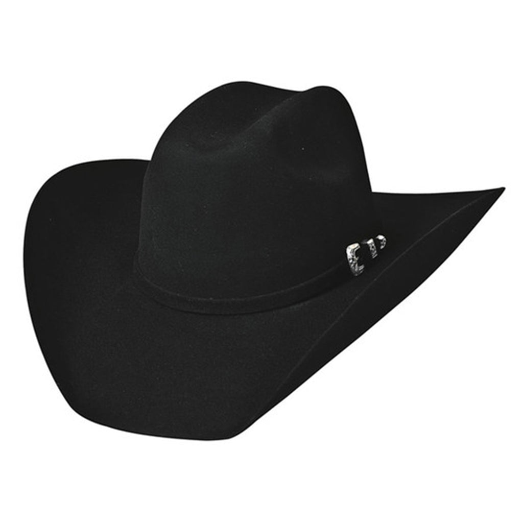 black felt cowboy hat with black band and silver buckle
