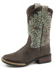 Roper Kid's Brown Turquoise Floral Embossed Boots