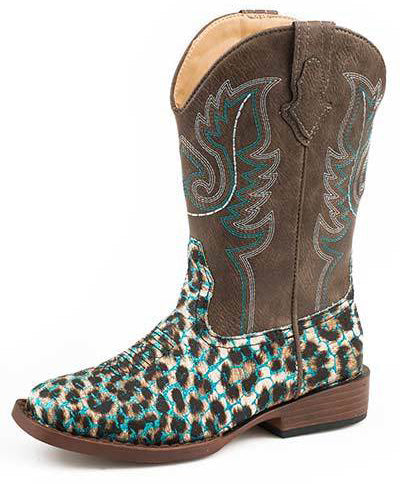 Roper Kid's Leopard Turquoise Glitter Square Toe Boots