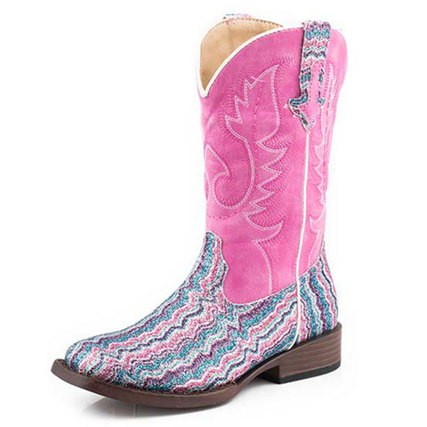 Kid's Roper Pink Chevron Glitter Square Toe Cowboy Boots