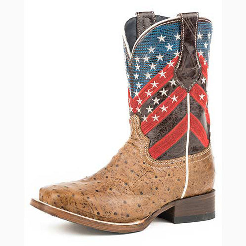 Roper Little Kid's American Flag Ostrich Square Toe Boot 
