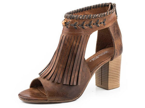 Tan Fringe Open Toe Mule