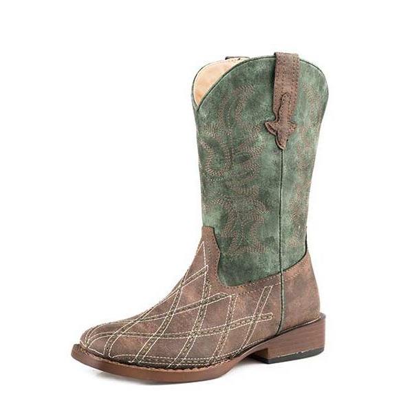 Roper Kid's Brown and Green Cross Cut Diamond Stitched Square Toe Boot