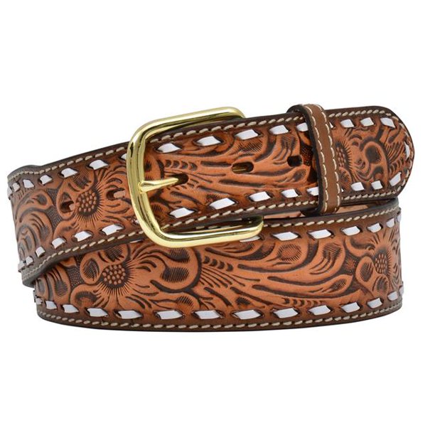 3D Men's Natural Floral Embossed Buckstitch Belt