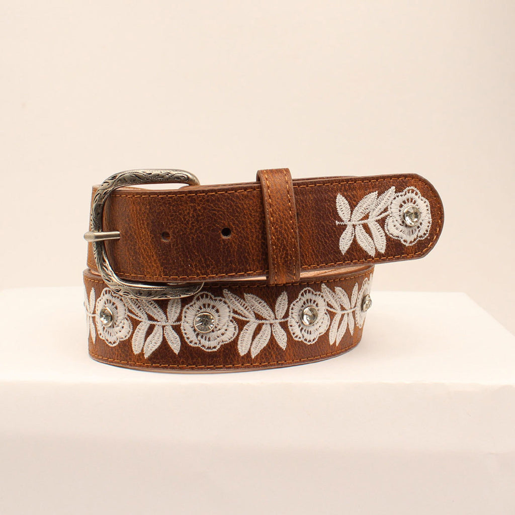 Tan and White Embroidered Flower Belt