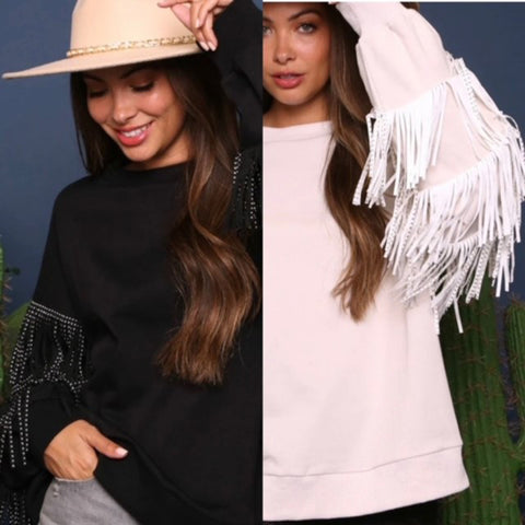 Solid Fringe Sleeve Sweater