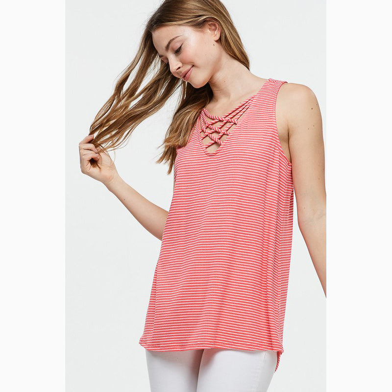 Women's Coral and White Stripe Criss Cross Tank 