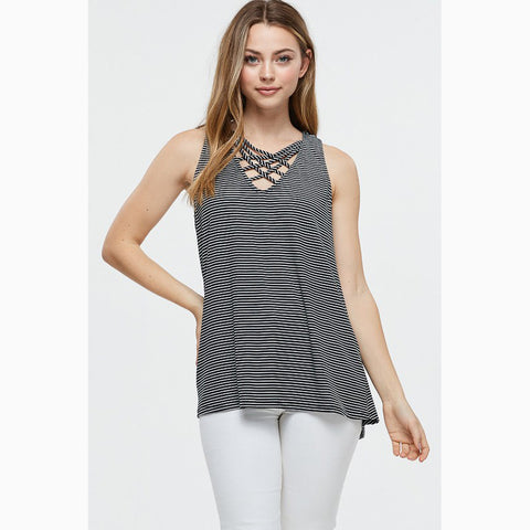 Women's Black and White Stripe Criss Cross Tank 