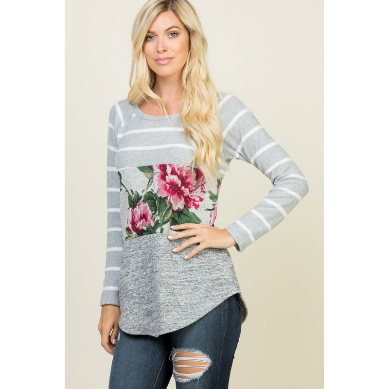 Grey Stripe Floral Long Sleeve Tee 