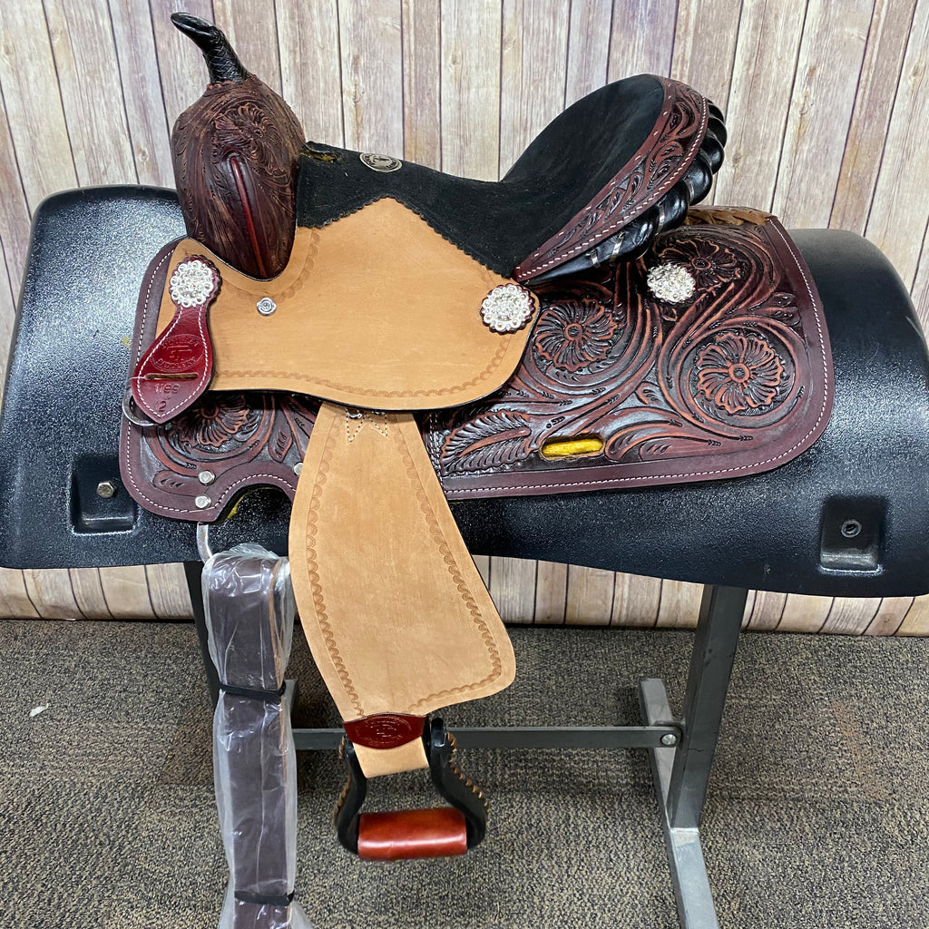 Shiloh Youth Saddle with Floral Tooling and Black Felt Seat, 12 Inch Seat